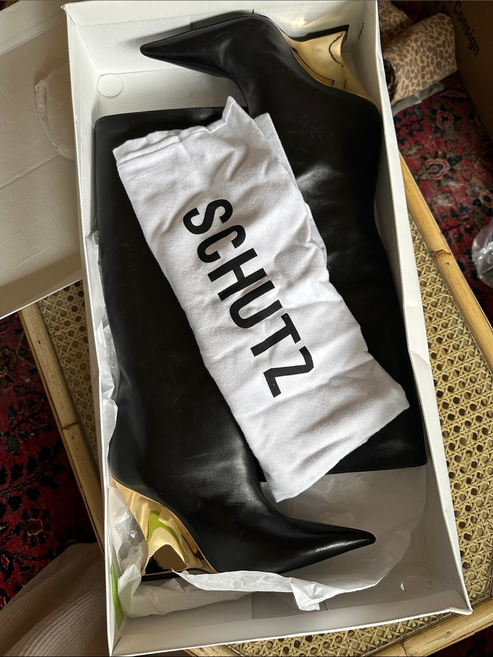 Siena Black and Gold Leather Knee-High Wedge Boots
Schutz size 6.5 - Picture 5 of 8